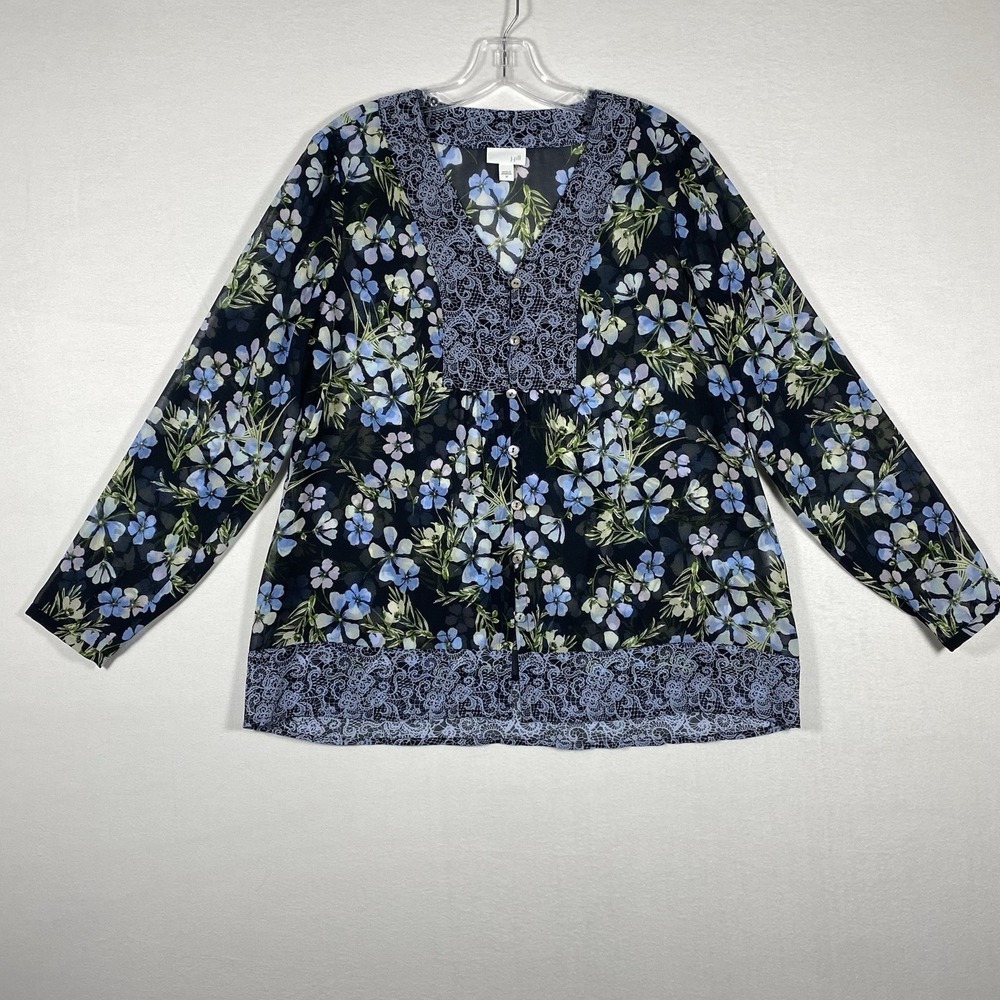 J.JILL floral Blouse MEDIUM Sheer‎ navy blue
